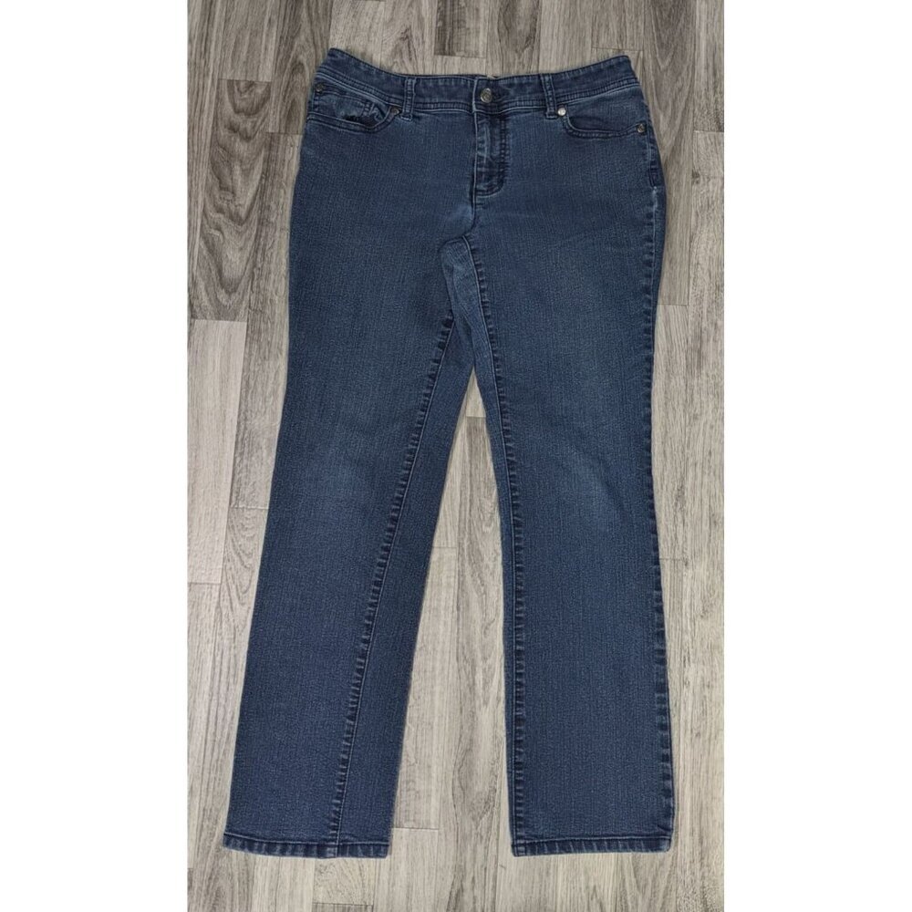 Chicos Womens Size 0 Short Straight Leg Embroidered Pockets Denim‎ Blue Jeans